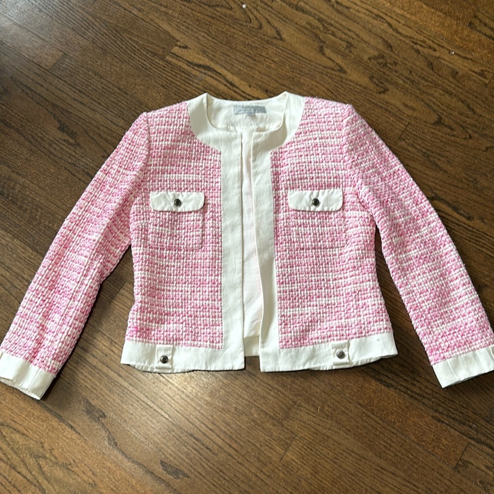Tahari Women’s Pink and Cream Linen and  Tweed Open Front Cropped Blazer Size 12